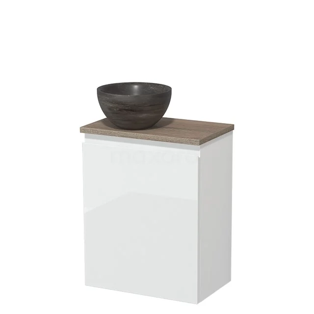 Wit badkamermeubel met houten blad en zwarte ronde waskom, modern design voor compacte badkamers.