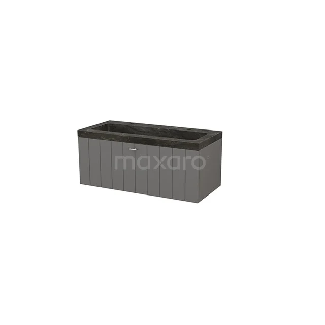 Modulo+ Vanity units with basin | 100 cm Basalt Slat front Natural stone 1 drawer BMP001875 Grey plastic storage box with wooden look, ideal for storing bathroom items; durable and water-resistant design.