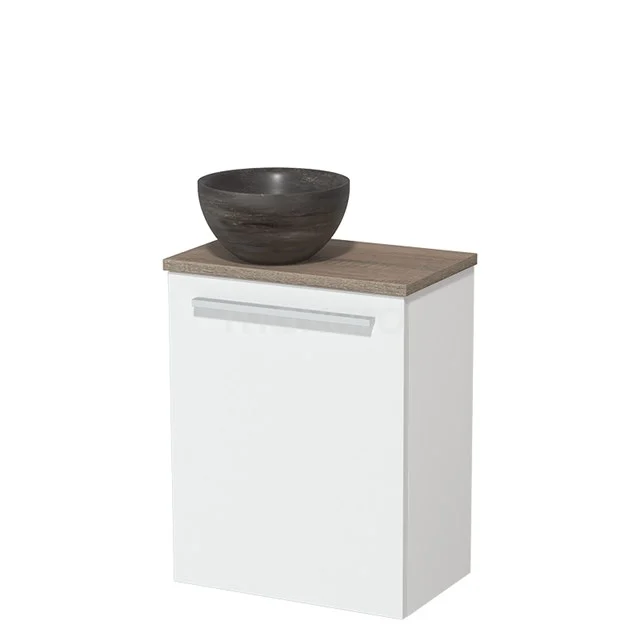Wit badkamermeubel met houten blad en zwarte waskom, modern design, ideaal voor een strak ingerichte badkamer.