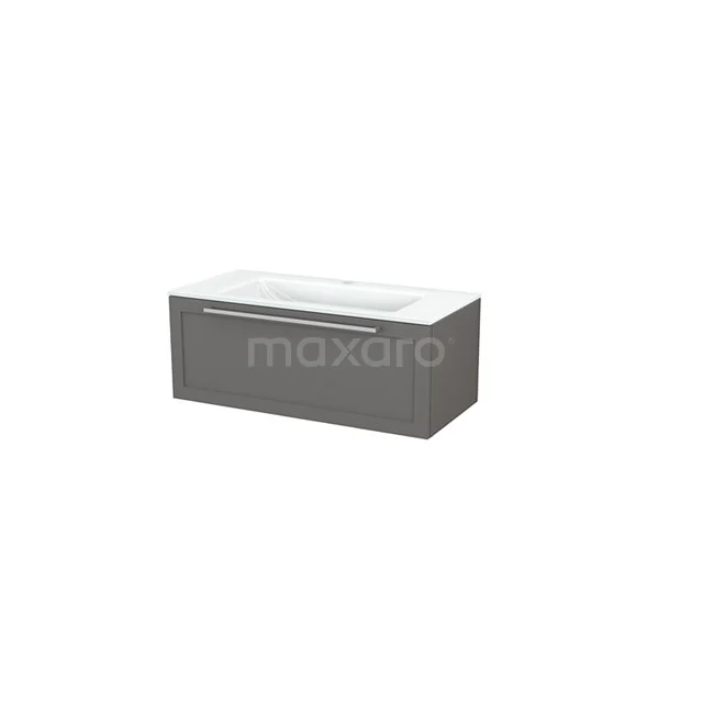 Grey bathroom furniture set with rectangular basin, modern design, ideal for storage and use in contemporary bathrooms.