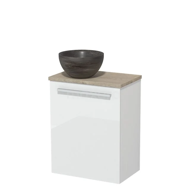 Wit hangend badkamerkastje met houten blad en zwarte waskom, modern ontwerp, ideaal als compacte wastafeloplossing.