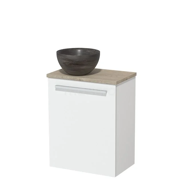 Wit badkamerkastje met houten blad en zwart stenen wastafel, compact ontwerp ideaal voor moderne badkamers.