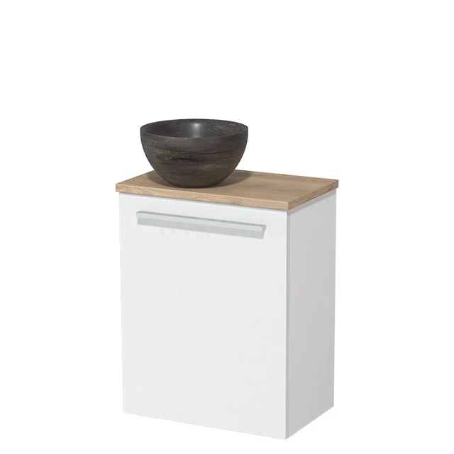 Wit badkamerkastje met houtaccent, keramische zwarte wastafel, compact design voor moderne badkamerstijl.