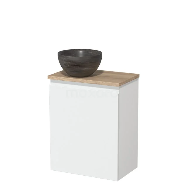 Wit badkamermeubel met houten blad en grijze stenen waskom, modern design voor stijlvolle badkamerinrichting.