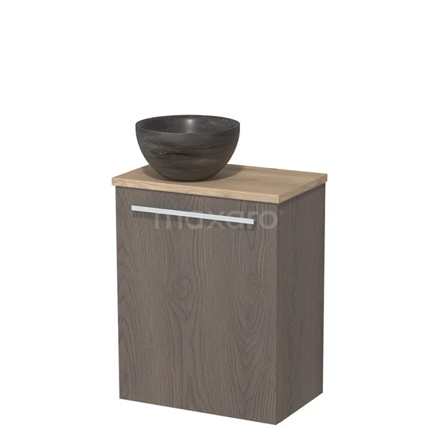 WC-Möbel mit Aufsatzwaschbecken | 41 cm dunkelbraune Eiche glatte Front Blaustein Naturstein Aufsatzwaschbecken hellbraune Eiche TMK10-07771 Holz-Badschrank mit dunkler Waschbecken, Eichen-Oberfläche und grauer Ausführung, ideal für moderne Bäder.