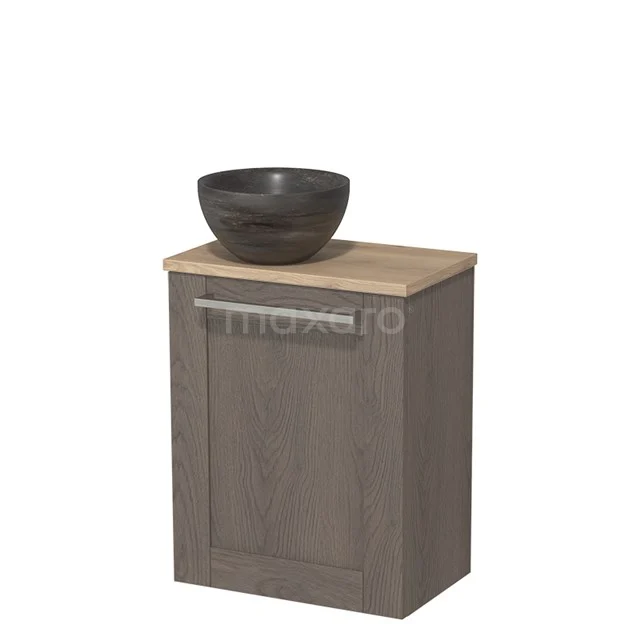 WC-Möbel mit Aufsatzwaschbecken | 41 cm dunkelbraune Eiche Rahmenfront Blaustein Naturstein Aufsatzwaschbecken hellbraune Eiche Platte TMK10-07772 Hölzerner Badschrank Grau mit weißem Waschbecken, modernes Design und platzsparend. Perfekt für stilvolle Badezimmerlagerung.