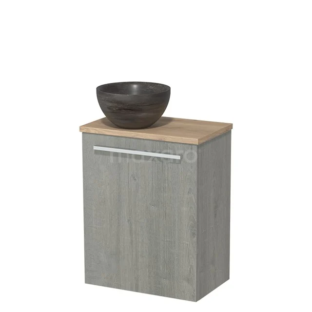 Toilet unit with wash basin | 41 cm Grey oak Flat front Blue stone Natural stone Countertop wash basin Light brown oak worktop TMK10-07773 Grey Bathroom cabinet with wood-look worktop and ceramic countertop wash basin, ideal for a stylish and compact bathroom design.