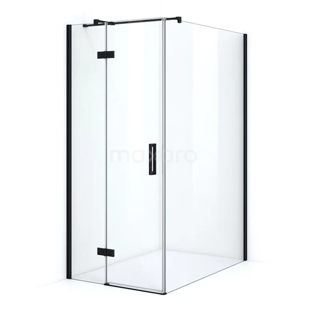 Duschkabine mit schwarzen Profilen, gläsernen Wänden und Drehtür, modernes Design für ein stilvolles Badezimmer.