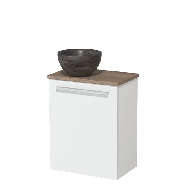 Wit badkamermeubel met houtlook top, voorzien van zwarte stenen waskom, modern design voor stijlvolle badkamers.