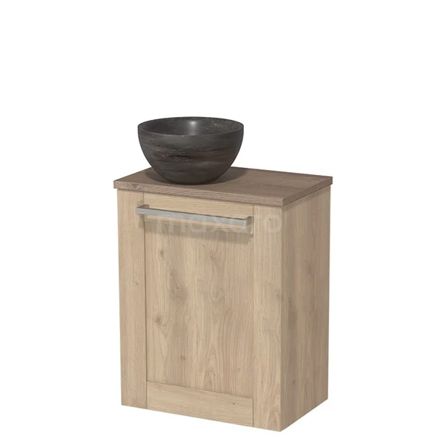 Houten badkamerkast met waskom, eiken-look, modern design, ideaal voor een compacte badkamerinrichting.