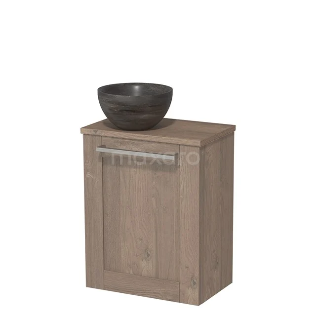 WC-Möbel mit Aufsatzwaschbecken | 41 cm mittelbraune Eiche Rahmenfront Blaustein Naturstein Aufsatzwaschbecken mittelbraune Eiche Platte TMK10-07808 Hölzerner Badschrank mit grauem Aufsatzwaschbecken-Design, Eichenholz-Optik, kompaktes Format mit metallischem Haltegriff.