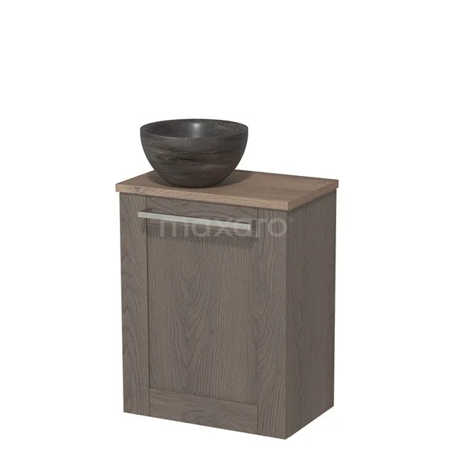 WC-Möbel mit Aufsatzwaschbecken | 41 cm Dunkelbraune Eiche Rahmenfront Blaustein Naturstein Aufsatzwaschbecken Mittelbraune Eiche Platte TMK10-07810 Badmöbel Holzoptik mit Schwarz Steinen Aufsatzwaschbecken, kompaktes Design, ideal für moderne Bäder.