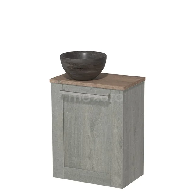 Grey wood bathroom cabinet with oak worktop and ceramic countertop wash basin, ideal for modern bathroom design.