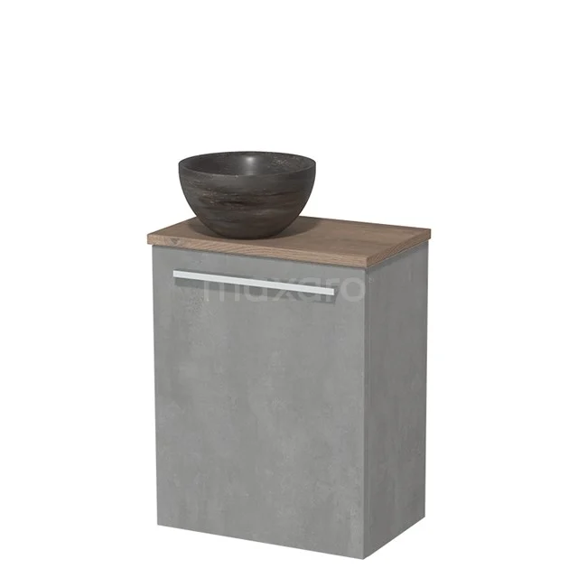 Grijze badkamerkast met houtlook blad, keramische schaal, modern ontwerp, ideaal voor compacte badkamers.