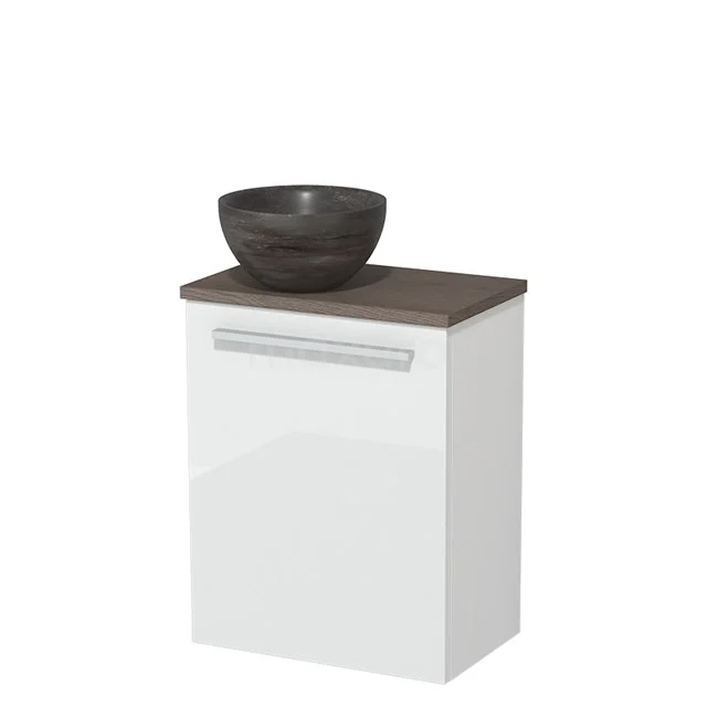 Wit badkamerkastje met donker houten blad en grijze keramische waskom, modern design geschikt voor compacte badkamers.