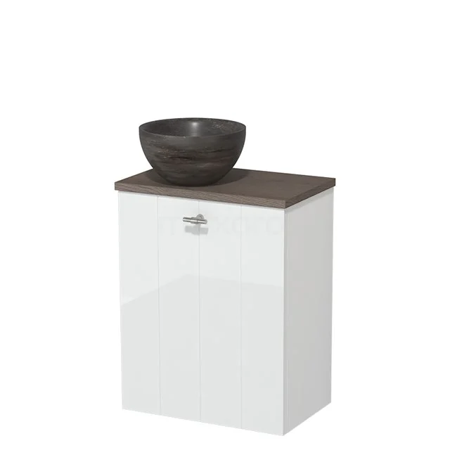 Wit badkamermeubel met houten blad en ronde zwarte waskom, compact design, ideaal voor moderne badkamerinrichting.