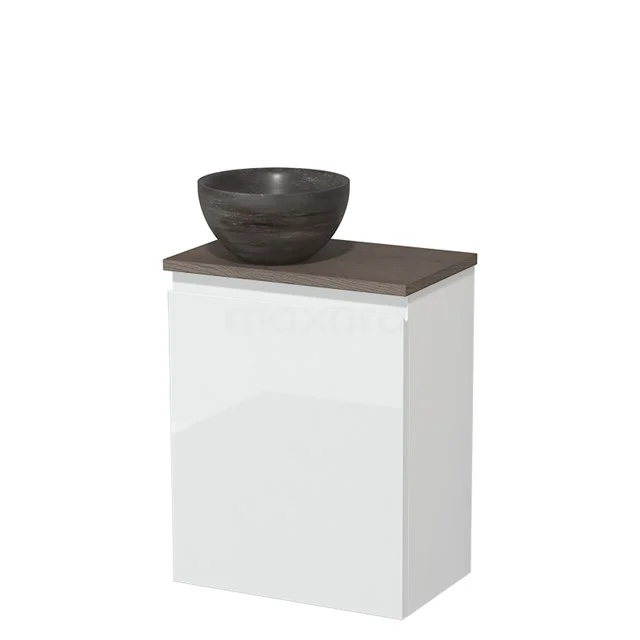 Wit badkamermeubel met houtlook blad en grijze keramische waskom, compact design voor moderne badkamers.
