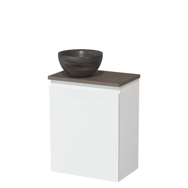 Wit badkamermeubel met donker houten blad en grijze waskom, strak ontwerp ideaal voor moderne badkamerstijl.