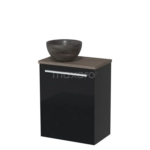 Black bathroom cabinet with matt grey basin bowl, wood-look top and metal Handle, ideal for modern bathrooms.
