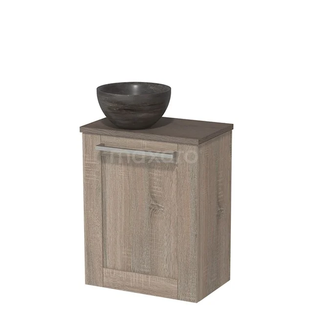 Holz Badschrank mit grau gefärbtem Aufsatzwaschbecken, kompaktes Design, ideal für kleine Bäder, langlebiges Material.