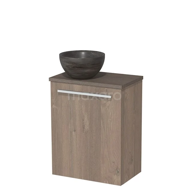 Houten badkamermeubel met wastafel, grijs kastje met moderne look, ideaal voor compacte badkamers.