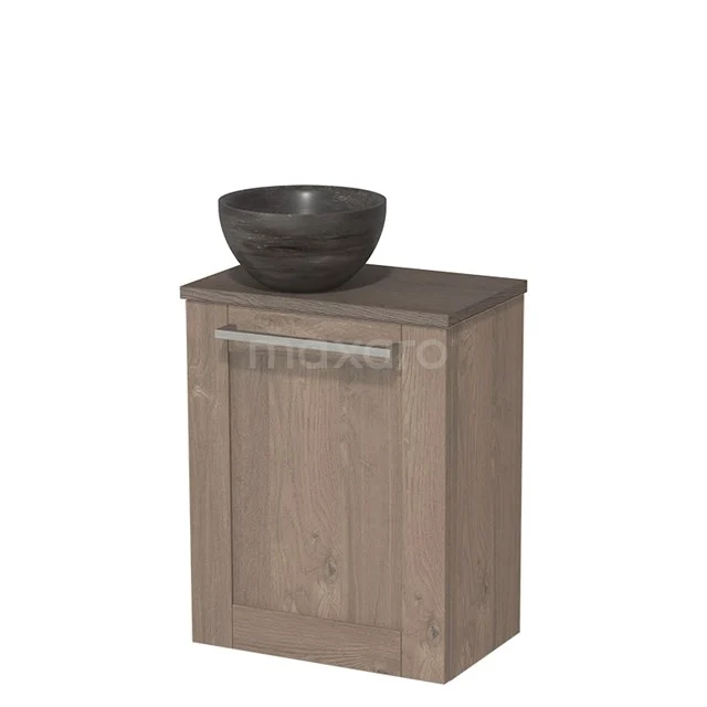 Houten badkamerkastje met grijskleurige keramische waskom, compact design, ideaal voor kleine badkamers.