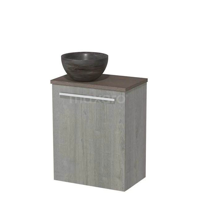 Grey bathroom unit with wood-look worktop and black countertop wash basin, compact design with metal handle.