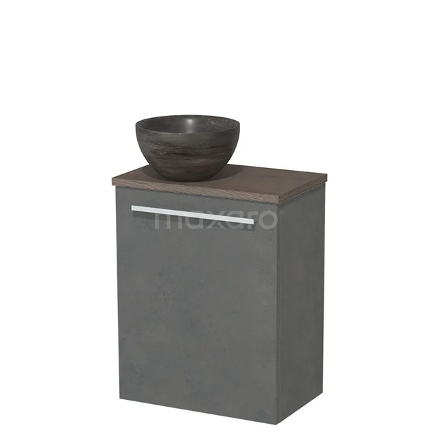 WC-Möbel mit Aufsatzwaschbecken | 41 cm Dunkelgrauer Beton Glatte Front Blaustein Naturstein Aufsatzwaschbecken Dunkelbraune Eiche Platte TMK10-07852 Grauer Badschrank mit Holzlook Platte und Aufsatzwaschbecken in anthrazit Keramik, ideal für moderne Bäder.
