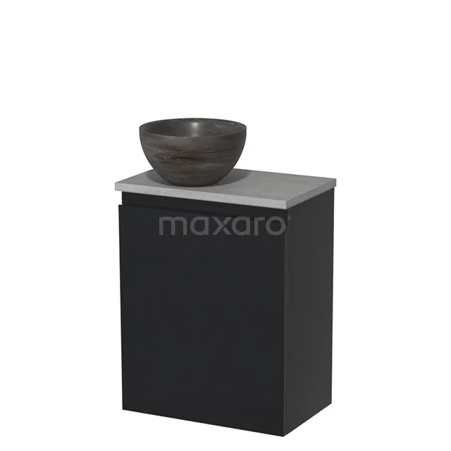 Zwarte badkamerkast met grijze marmeren top, inclusief donkerbruin keramisch waskom, strak design voor moderne badkamers.