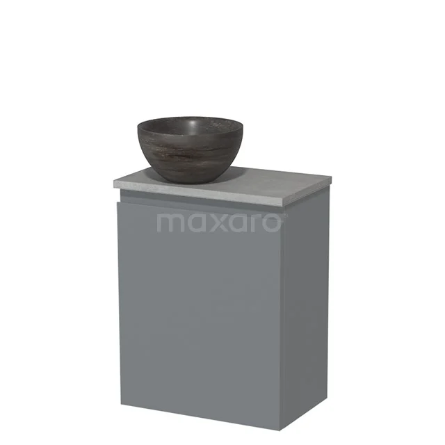 Grijze badkamerkast met keramische waskom, compact design, perfecte opberger voor kleine badkamers.