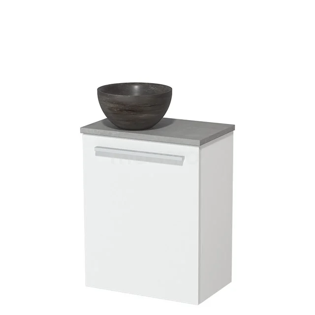 WC-Möbel mit Aufsatzwaschbecken | 41 cm Matt Weiß Glatte Front Blaustein Naturstein-Aufsatzwaschbecken Hellgrauer Beton Platte TMK10-07903 Weißer Badschrank mit grauer Platte, ausgestattet mit schwarzem keramischen Aufsatzwaschbecken. Modernes Design, ideal für kompakte Badezimmer.