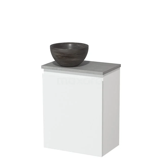 Wit badkamerkastje met grijs tafelblad en ronde stenen waskom, perfect voor een moderne badkamer inrichting.