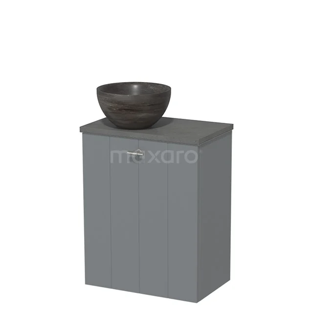 Bathroom cabinet in grey with vertical lines and ceramic basin in dark grey, ideal for modern bathroom design.