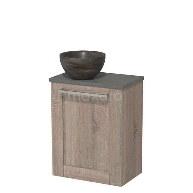 Houten badkamerkast met grijs stenen wastafelkom, compacte vorm en moderne stijl, ideaal voor een sfeervolle badkamer.