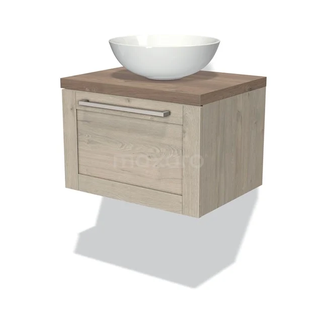 Wooden bathroom unit with drawer, round white drawers and light Oak finish, space-saving design for modern bathrooms.