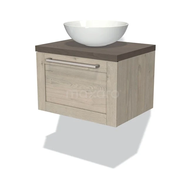 Wooden bathroom unit with drawers, dark surface and white top washbasin; suitable for modern bathrooms.