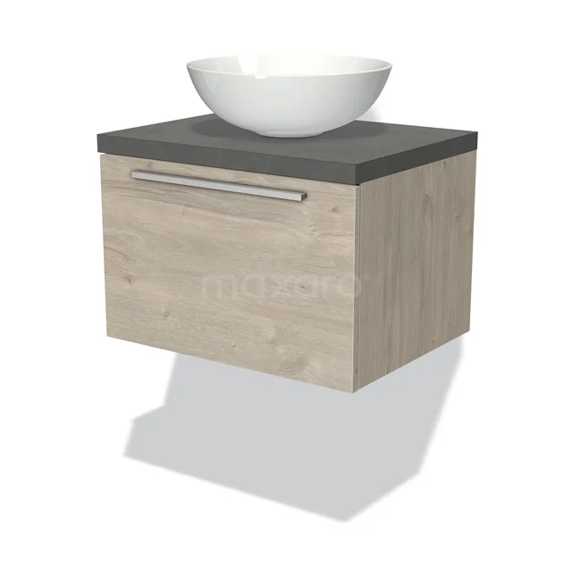 Holz-Badmöbel mit grau gefärbter Platte und weißem Aufsatzwaschbecken, modernes Design, perfekt für kompakte Bäder.