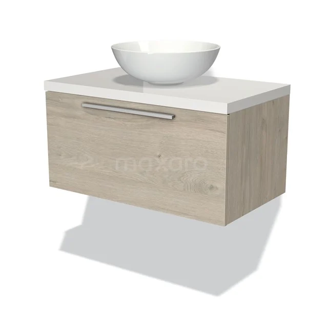 Badmöbel für Waschtischunterschrank mit Konsole 80cm Modulo Plato hellgraue Eiche 1 Schublade flach Hochglanz Weiß Platte BMK11-01199 Holz Badezimmermöbel mit Schublade, natürliche Eiche Optik, weiße Platte und rundem Aufsatzwaschbecken, perfekt für stilvolle Badezimmergestaltung.