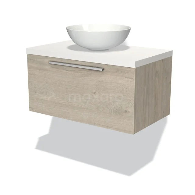 Badmöbel für Waschtischunterschrank mit Konsole 80cm Modulo Plato hellgraue Eiche 1 Schublade flach Matt Weiß Platte BMK11-01201 Hängendes Badmöbel aus hellem Eichenholz mit weißer Waschbecken, modernes Design und geräumiger Schublade für Badezimmeraufbewahrungsmöglichkeiten.