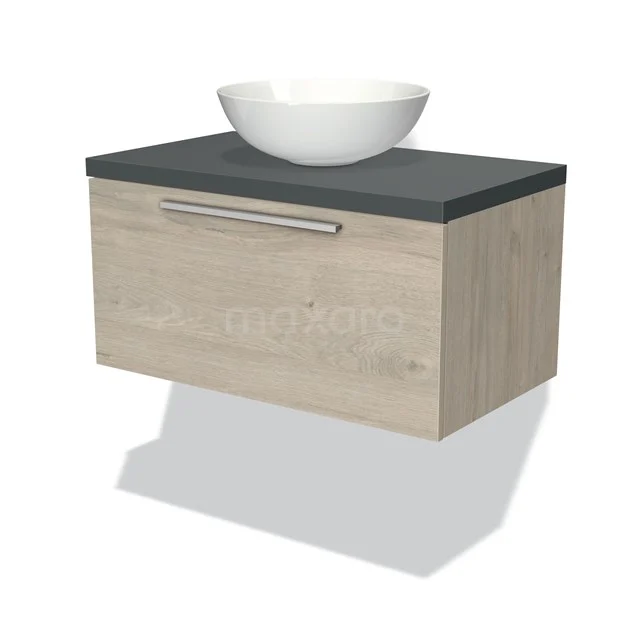 Badmöbel für Aufsatzwaschbecken 80cm Modulo Plato Hellgraue Eiche 1 Schublade Flach Dunkelgraue Platte BMK11-01203 Hölzernes Badezimmermöbel mit keramischem Aufsatzwaschbecken, grauer Platte und modernem Haltegriff, ideal für stilvolle Badezimmergestaltung.
