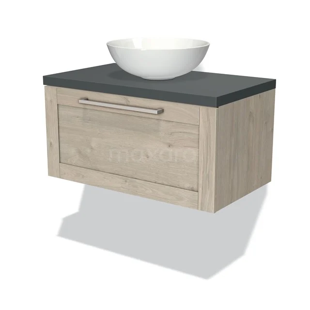 Modulo Plato Vanity units for countertop basin | 80 cm Light grey oak Frame front Dark grey worktop 1 drawer BMK11-01204 Wooden bathroom unit with drawer, matte white basin worktop and white surface-mounted bowl; modern and space-saving design.