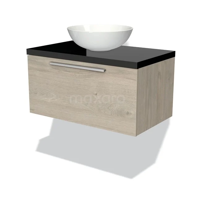 Holz-Waschtisch mit schwarzer Platte, weißem schalenförmigem Waschbecken und metallischem Haltegriff, perfekt für moderne Bäder.