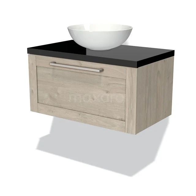 Modulo Plato Vanity units for countertop basin | 80 cm Light grey oak Frame front High-gloss black worktop 1 drawer BMK11-01206 Wooden Bathroom unit with black worktop, white basin bowl and metal Handle; modern design for a stylish bathroom.
