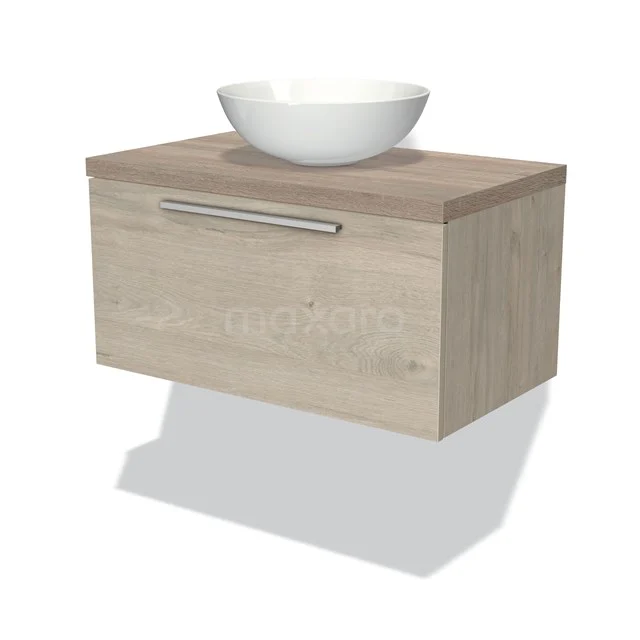 Holz-Waschtisch mit Schublade aus heller Eiche, Edelstahl-Haltegriff und runder, weißer Aufsatzwaschbecken, perfekt für moderne Bäder.