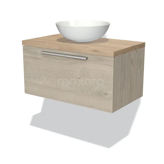 Holz Badezimmermöbel mit einer Schublade, Natur Eiche Oberfläche und weißem runden Aufsatzwaschbecken, ideal für moderne Bäder.