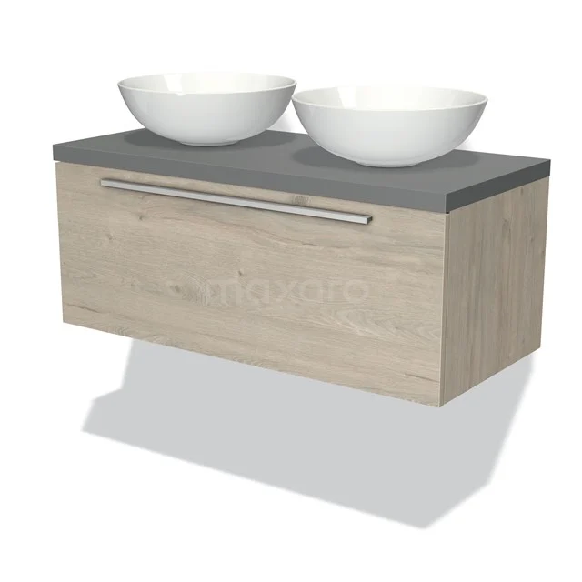 Holz-Badmöbel mit heller Eichen-Oberfläche, grauer Platte und zwei weißen Aufsatzwaschbecken, ideal für moderne Bäder.
