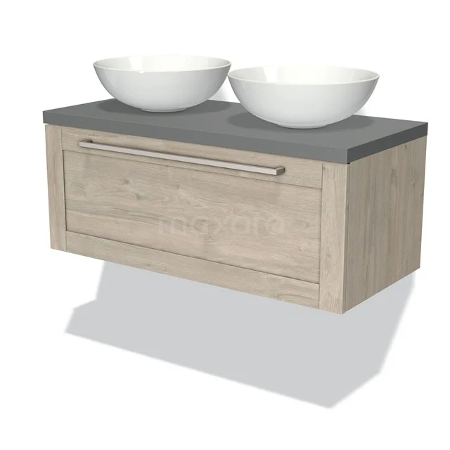 Modulo Plato Badmöbel mit Aufsatzwaschbecken | 100 cm Hellgraue Eiche Rahmen front Mittelgrau blatt 1 Schublade BMK11-01224 Hölzernes Badezimmermöbel mit Betonlook Platte, doppelten weißen Aufsatzwaschbecken und chromfarbigem Griff. Modernes und praktisches Design.