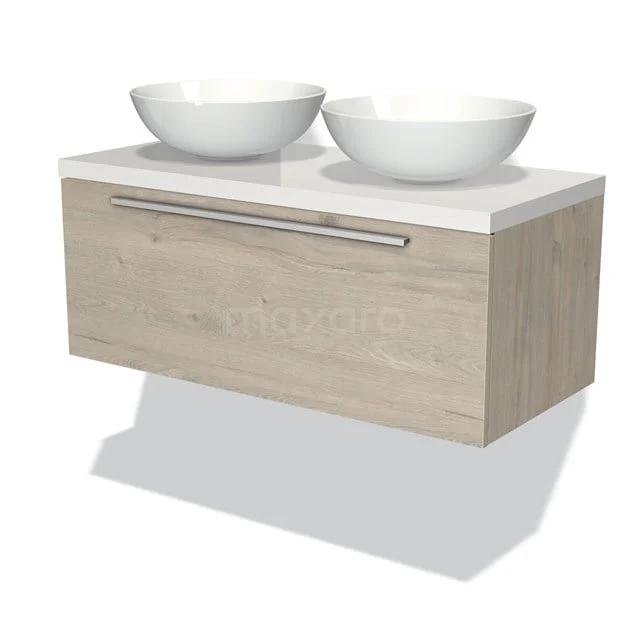 Badmöbel für Waschtischunterschrank mit Konsole 100cm Modulo Plato hellgraue Eiche 1 Schublade flach Hochglanz Weiß Platte BMK11-01225 Holz Badezimmermöbel mit heller Eiche Optik, doppelten weißen keramischen Aufsatzwaschbecken und einem breiten Schubladendesign.