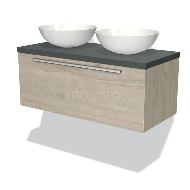 Hölzernes Badezimmermöbel mit Doppelwaschbecken, anthrazit Platte und Schublade mit Metallgriff, modernes Design.