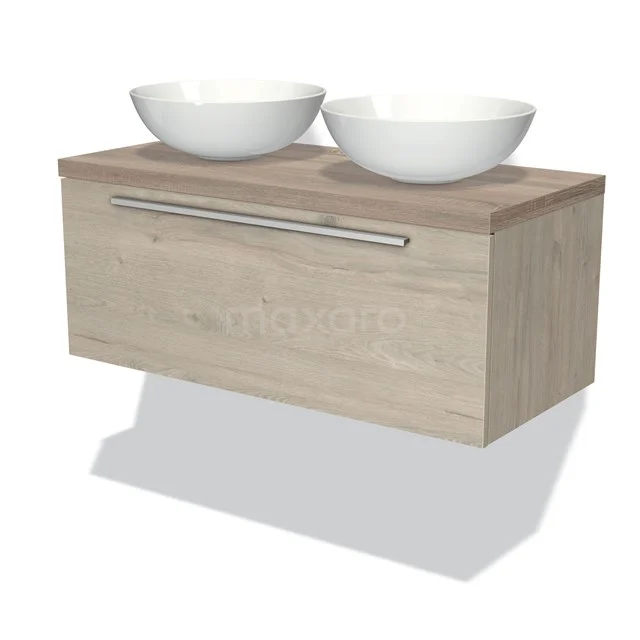 Badmöbel für Waschtischunterschrank mit Konsole 100cm Modulo Plato Hellgraue Eiche 1 Schublade Flache Platte aus Eiche BMK11-01233 Holz Badezimmermöbel mit Schublade, doppelte weiße Porzellan Waschbeckenplatte und chromfarbener Haltegriff, modernes und platzsparendes Design.
